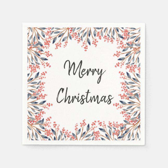 Vattenfärg Röd Julfirande Vinter Bär Löv Pappersservett (Framsidan)