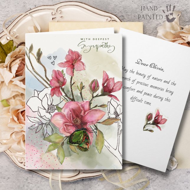 Vattenfärg Röd Magnolia & Fjäril Sympati Kort (Watercolor Red Magnolia and Butterfly Sympathy Card)
