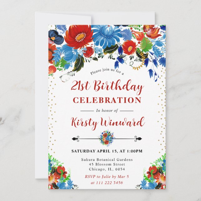 Vattenfärg Röd och Blåa blommor 21:a födelsedagen Inbjudningar (Framsida)