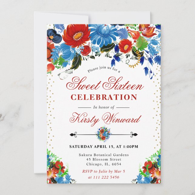 Vattenfärg Röd och Blåa blommor Söt 16 Inbjudningar (Framsida)