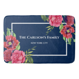 Vattenfärg Röd och Rosa Blommor Mörk Blå marint Badrumsmatta