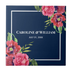 Vattenfärg Röd och Rosa Blommor Mörk Blå marint Kakelplatta