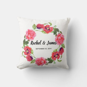 Vattenfärg Röd och Rosa Blommor Utandningscirkel Kudde