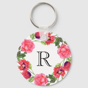 Vattenfärg Röd och Rosa Blommor Utandningscirkel Nyckelring