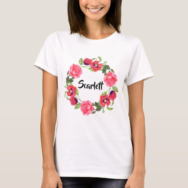 Vattenfärg Röd och Rosa Blommor Utandningsdesign f T Shirt (Framsida)