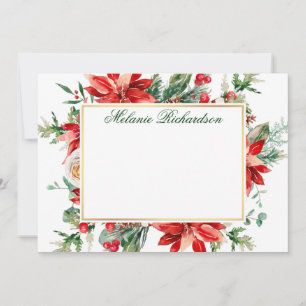Vattenfärg röd Poinsettia Blommor Guldgrönska Anteckningskort