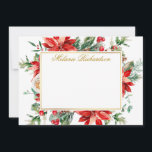 Vattenfärg Röd Poinsettia Blomster Grönska Guld Anteckningskort<br><div class="desc">Elegant Vattenfärg Poinsettia Blomster Grönska Guld Ram Personlig Brevkort innehåller röda poinsettia,  eukalyptusblad,  tallkottar,  tallbarr,  bomull,  järnekbär och annan vacker vinterbotanisk grönska.  Guldskrift.</div>