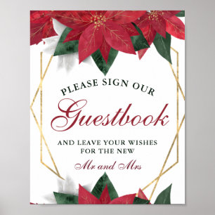 Vattenfärg röd Poinsettia blomsterbröllopsgästbok Poster