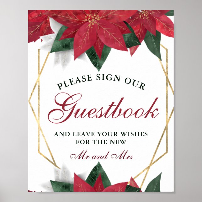 Vattenfärg röd Poinsettia blomsterbröllopsgästbok Poster (Framsidan)