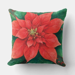 Vattenfärg Röd Poinsettia Jul Kudde
