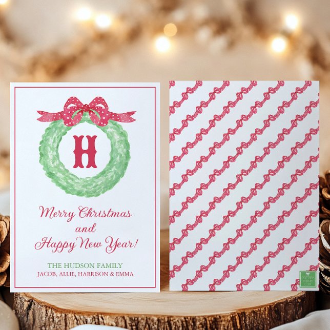 Vattenfärg Röd Prickig Band Monogram Krans Fest Julkort (Skapare uppladdad)