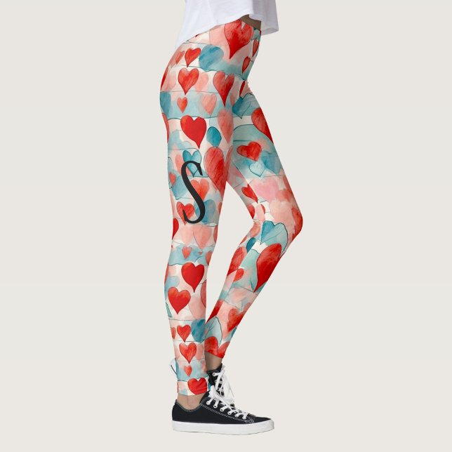 Vattenfärg, röd, rosa, blå hjärtan, monogram leggings (Skapare uppladdad)