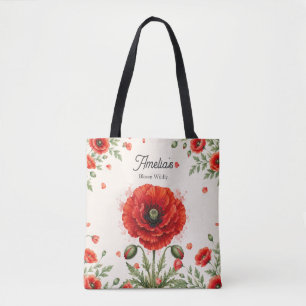Vattenfärg Röd Vallmo Blommig Monogram Feminint Ko Tygkasse
