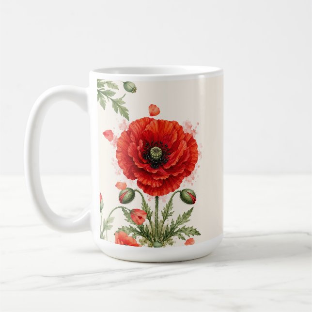 Vattenfärg Röd Vallmo Blommig Monogram Vildblomma  Kaffemugg (Vänster)