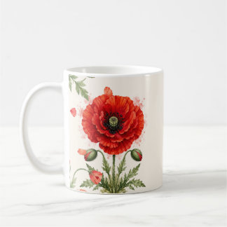 Vattenfärg Röd Vallmo Blommig Monogram Vildblomma Kaffemugg