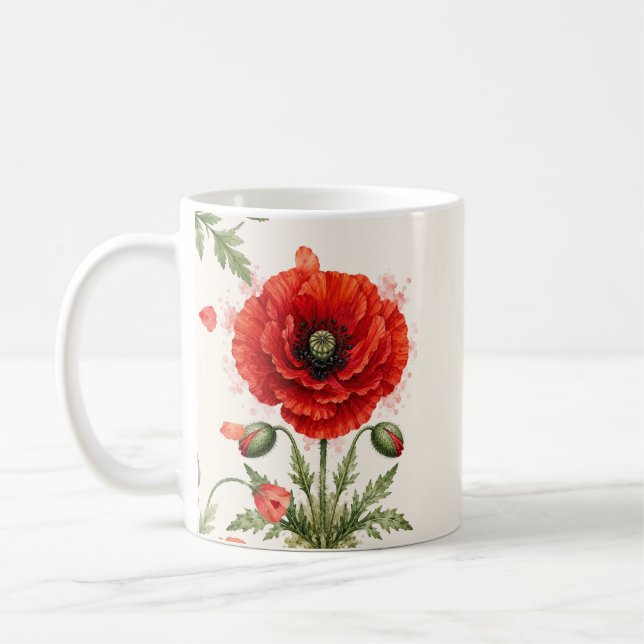 Vattenfärg Röd Vallmo Blommig Monogram Vildblomma  Kaffemugg (Vänster)