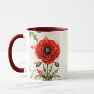 Vattenfärg Röd Vallmo Blommig Monogram Vildblomma Mugg