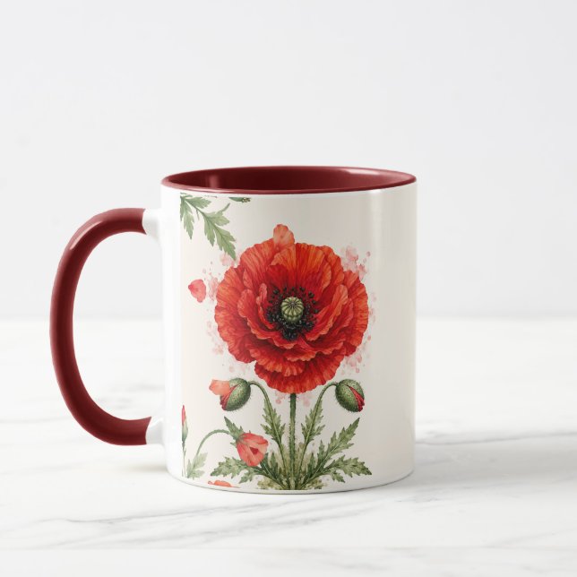 Vattenfärg Röd Vallmo Blommig Monogram Vildblomma  Mugg (Vänster)