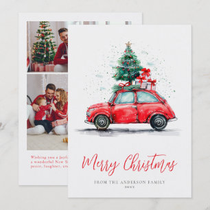 Vattenfärg röda bilar jul familjefoto julkort