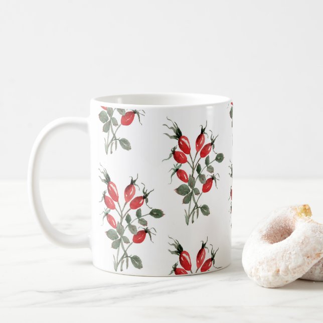 Vattenfärg röda nypon bär mönster kaffemugg (Med munk)