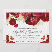 Vattenfärg Röda och Guld Blommor Quinceanera