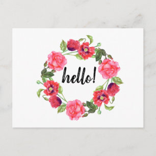 Vattenfärg röda och rosa blommor krans cirkel vykort