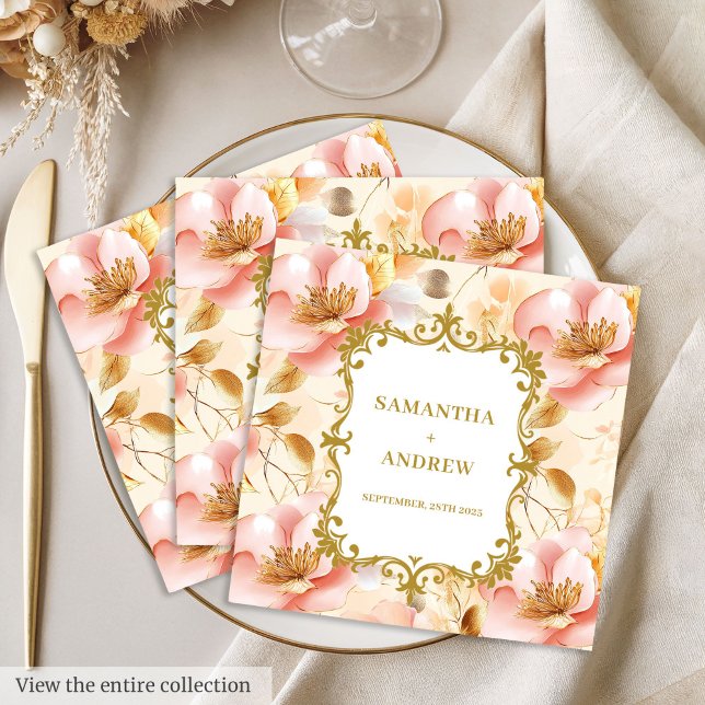 Vattenfärg Röda Rosen Guld Bröllop Servetter (Watercolor Blush Gold Wedding Napkins)