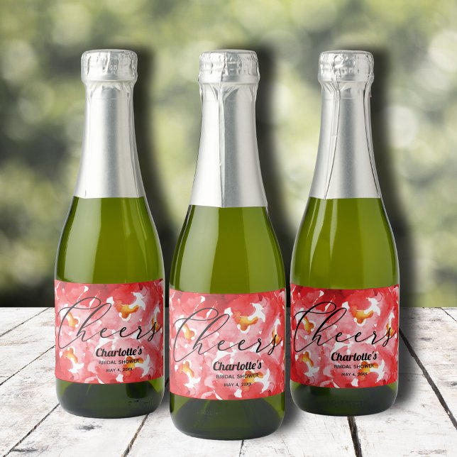 Vattenfärg Röda Roser Bröllopsdusch Mini (Watercolor red roses floral bridal shower mini champagne  bottle personalized labels)