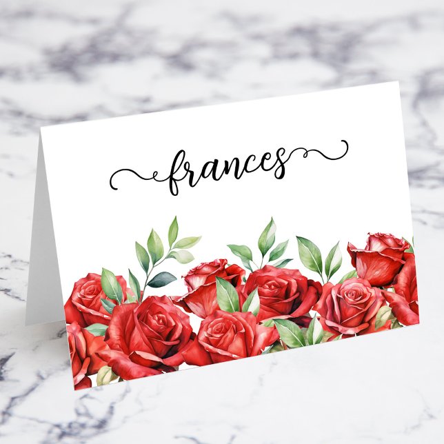 Vattenfärg Röda Rosor Script Namn Platskort Bordsnummer (Watercolor Red Roses Script Individual Guest Name Wedding Place Cards)
