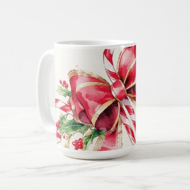 Vattenfärg rödbandsad julstav med rödband kaffemugg (Framsida vänster)