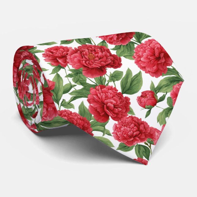 Vattenfärg Rödt Pion Blommönster Slips (Rullad)