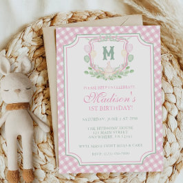Vattenfärg Rosa 1-års Födelsedags Monogram Kröning Inbjudningar