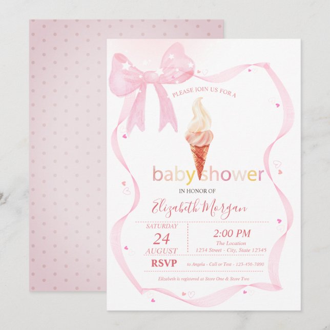 Vattenfärg Rosa Båge Glass Prickar Baby Shower Inbjudningar (Fram/baksida)