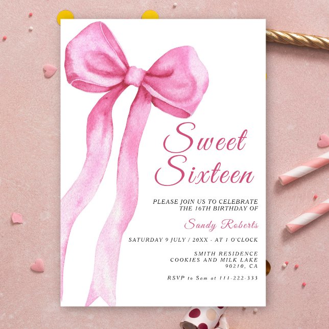 Vattenfärg Rosa Båge Sweet 16 Födelsedag Inbjudningar (Skapare uppladdad)