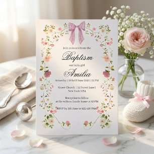 Vattenfärg Rosa Band Floral Babyflicka Dop Inbjudningar