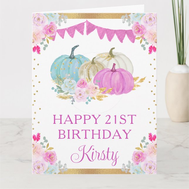 Vattenfärg Rosa Blå Blommiga Pumpafödelsedag Kort (Framsida)