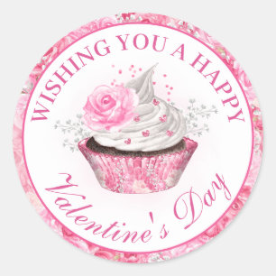 Vattenfärg Rosa Blommig Alla Hjärtans Dag Cupcake Runt Klistermärke