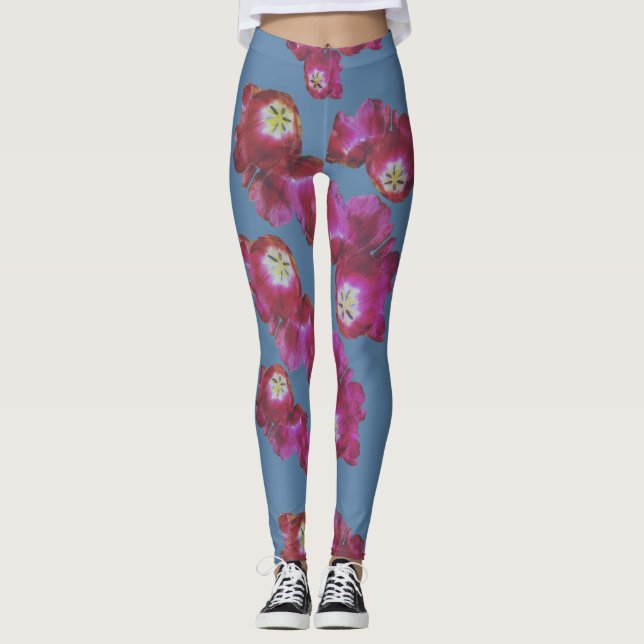 Vattenfärg Rosa Blommig Blå Botanisk Leggings (Framsida)