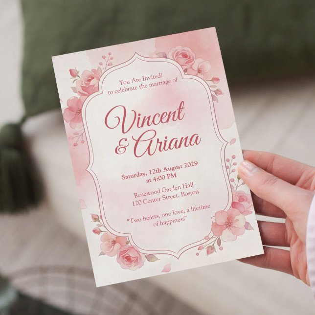 Vattenfärg Rosa Blommig Bröllopsinbjudan Inbjudningar (Skapare uppladdad)