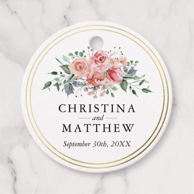 Vattenfärg Rosa Blommig Bröllopstack Gåvor Etiketter (Framsida)