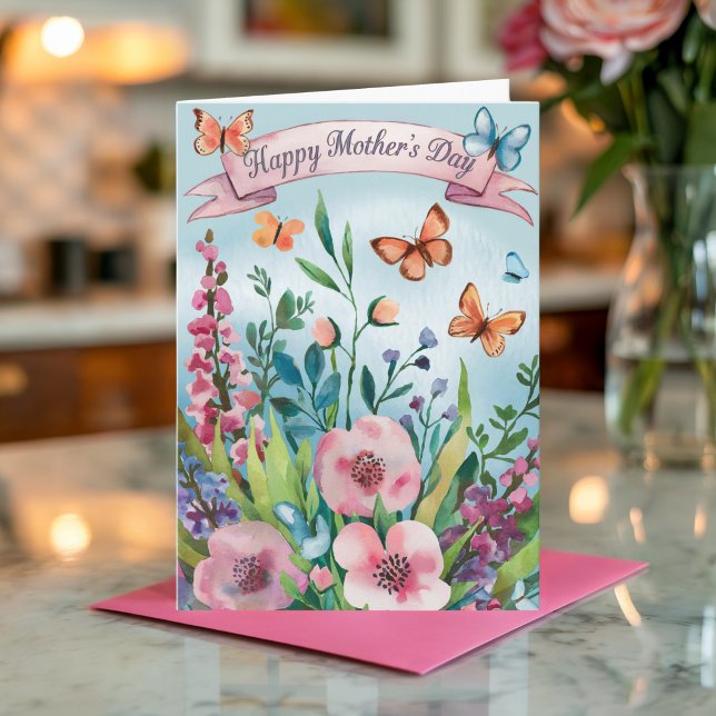 Vattenfärg Rosa Blommig Fjäril Mors Dag Kort (Skapare uppladdad)