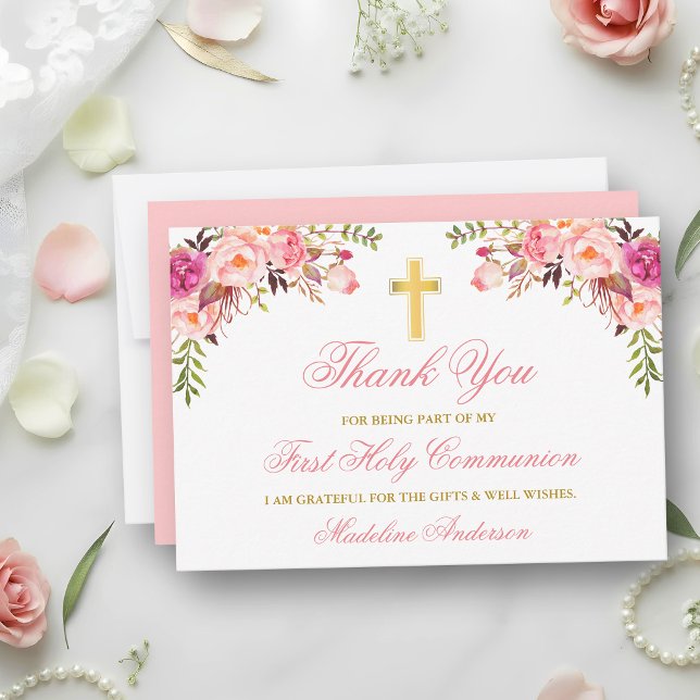 Vattenfärg Rosa Blommig Guld Kommunion Tack Kort (Customize to change text color, style, add text & photos to back or change color of back of card.)
