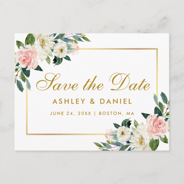 Vattenfärg Rosa Blommig Guld Spara Datum Meddelande Vykort (Framsida)