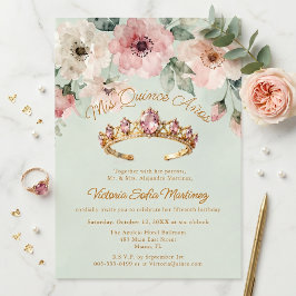 Vattenfärg Rosa Blommig Guld Tiara Quinceañera Inbjudningar