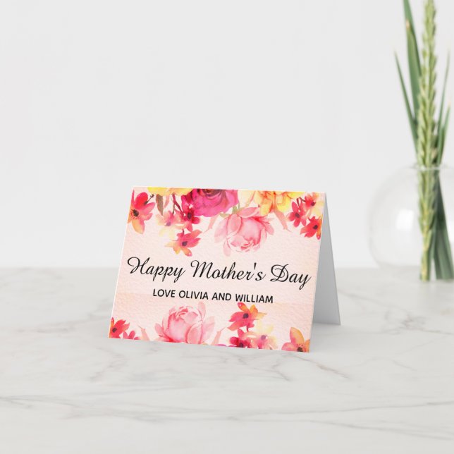 Vattenfärg Rosa Blommig Mors Dag  Kort (Framsida)