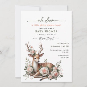 Vattenfärg Rosa Blommig Oh Deer Baby Shower Inbjudningar