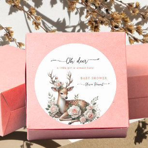 Vattenfärg Rosa Blommig oh hjort baby shower Runt Klistermärke