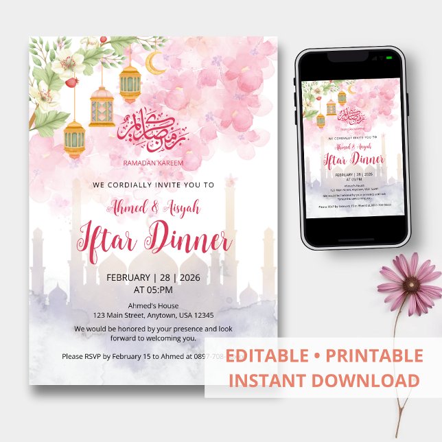 Vattenfärg Rosa Blommig Ramadan Iftar Middag Inbjudningar (Skapare uppladdad)
