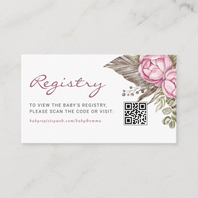 Vattenfärg Rosa Blommor Baby QR-kod Presentregistr Tilläggskort (Framsida)