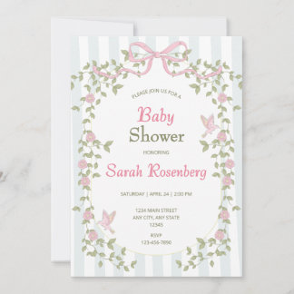 Vattenfärg Rosa Blommor & Bow Baby Shower Inbjudningar